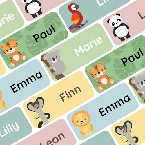Klebekerlchen® Namensaufkleber für Kinder (60 Stück), Kleidung & Gegenstände Namensschilder personalisiert und waschmaschinenfest, Schule und Kindergarten - Dschungel-Tiere