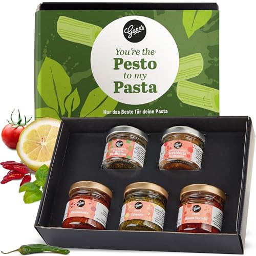 Gepp's Feinkost Pesto Geschenkset I 5-teiliger Geschenkkorb mit italienischen Spezialitäten I 3x Feinkost-Pesto & 2x Pasta-Gewürz Bio I Delikatessen Präsentkorb mit Trüffel