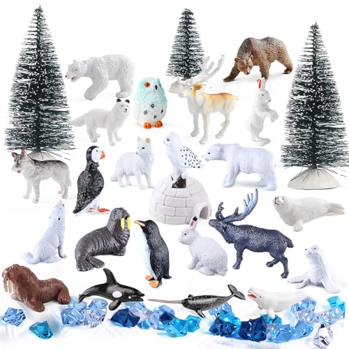 56-teiliges Spielzeugset mit Arktischen Tieren, Mini Figuren Eisbär Pinguin Karibu Schnee-Eule Kiefern Eis-Iglu-Felsen für Kinder Schulprojekt Diorama Sensorische Kuchendekorationen Partygeschenk