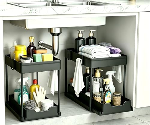 DEKAVA Küchen Organizer, 2 Unter Waschbecken Regal, Schrank Küchenorganizer mit 4 Haken, Schrankkorb für Küche, Bad, Putzmittel, Waschmittel （Schwarz）