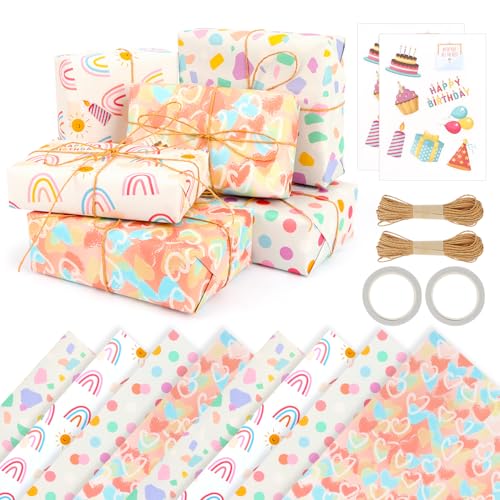 OWill Geschenkpapier Geburtstag 8 Stück 50 x 70 cm Recycelbares DIY Geschenkpapier Kinder Set zum für Alle Anlässe