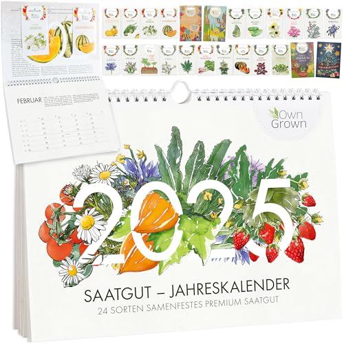OwnGrown Saatgut Kalender 2024 Wandkalender A4 - Gartenkalender mit 24 Sorten Samen - Monatskalender für Kräuter, Gemüse, Obst, Blumen - Adventskalender 2024 Frauen und Männer