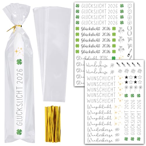 BOOMTOP Kerzen Tattoo Silvester 2026 2Blatt Kerzen Tattoos Aufkleber Glückslicht Wunschlicht Rub On Sticker Neujahr mit 50x Kerzentüten Kleeblatt Hufeisen Sticker Candle Bags Silvester Kerzensticker