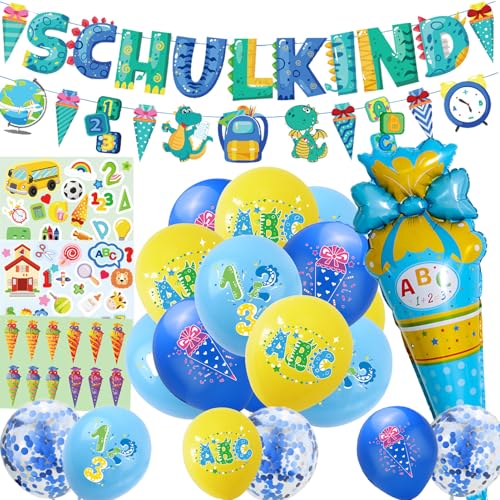 Deko Einschulung Junge 2025, Deko Schulanfang Junge, Schulkind Banner + 1 Einstiegskegel Ballon + 22 Luftballons + 3 Aufkleber Schulanfang Schuleinführung Deko (blau)
