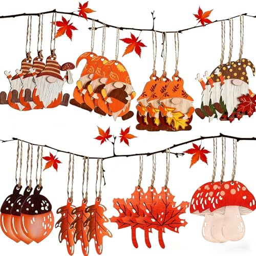 XJLyaya 24 Stück Herbstdeko zum Aufhängen, Herbstdeko, Fensterdeko Herbst Hängend, Holz Deko Hänger Herbst Dekoration, mit 10m Juteschnur, für Erntedankfest, Halloween, Draußen, Innen