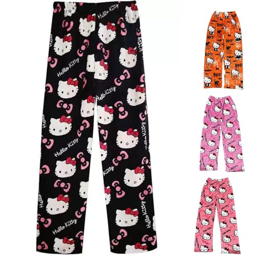 Pyjama Hose Damen, Kitty Anime Schlafanzug Hose Lang aus Flanell, Kawaii Cartoon Kuschelhose Flauschig & Warm, Y2K Lounge Hose Damen Herbst Winter Schlafhose, Größe S-XXL