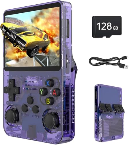 Nawchedo R36S Retro-Handheld-Spielkonsole, 128 GB Speicher, über 30 gängige Emulatoren, über 40.000 klassische Spiele, 3500-mAh-Akku – Lila