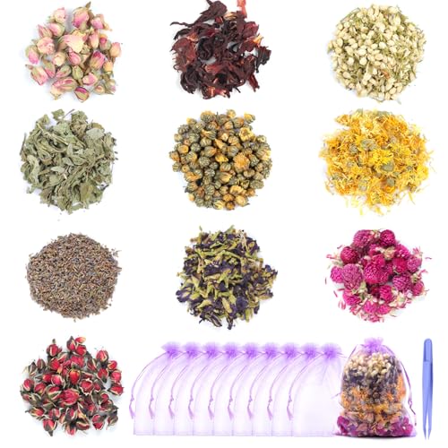 Weysoo 10 Beutel Getrocknete Blüten Set für Seife Selber Machen, Natürliche Getrocknete Kräuter, Viele Trockenblumen Blütenblätter Kit für DIY Seifenkerze Kerzenherstellung Harz Badebomben Zubehör