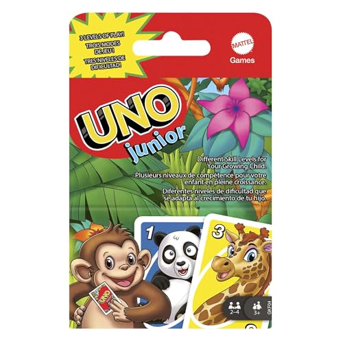 Mattel Games Uno Junior, Uno Kartenspiel, vereinfachte Version mit Zootieren und 3 Schwierigkeitsstufen, Kinderspiel, Geschenk für Kinder, ab 3 Jahre, GKF04