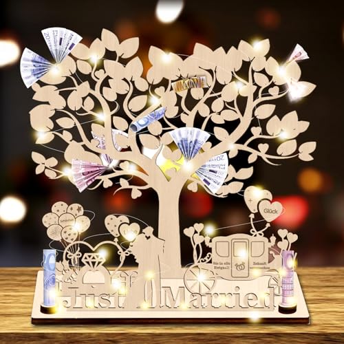 Geldgeschenk Hochzeit Holz,Hochzeitsgeschenke für Brautpaar,Geldbaum Hochzeit Geldgeschenke mit LED Lichterkette,Hochzeitsgeschenke Lebensbaum,Hochzeitsgeschenk Geld,Geldgeschenk Just Married