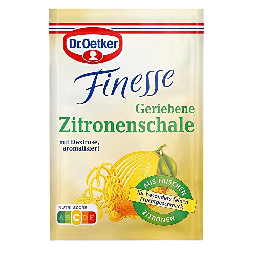 Dr. Oetker Finesse Geriebene Zitronenschale, 3er Pack, je Beutel 6 g, für besonderen Fruchtgeschmack, zum Verfeinern von Süßspeisen, Torten & Desserts, vegan