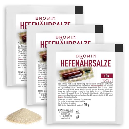 Browin Hefenährsalz 3er Bundle je 10g – für Weinhefe & Reinzuchthefe - Universell Wein Hefe für Weißwein, Rotwein & Obstwein selber Machen - Hefenaehrsalz für Weinherstellung & Portwein
