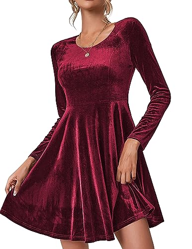 Zeagoo Damen Kleider Elegant Samtkleid Weihnachtskleid Festliche Partykleid Cocktailkleid Langarm Abendkleider Knielang Freizeitkleid Rundhals Winterkleid Bodycon Ballkleider Weinrot XXL