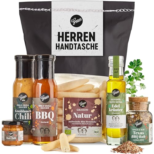 Gepp’s Feinkost Herrenhandtasche I Lustiges Männergeschenk gefüllt mit Delikatessen wie Knoblauch-Chili-Sauce, Edelkräuter-Olivenöl, Texas BBQ Rub I Geschenkidee für Mann, Bruder und Onkel