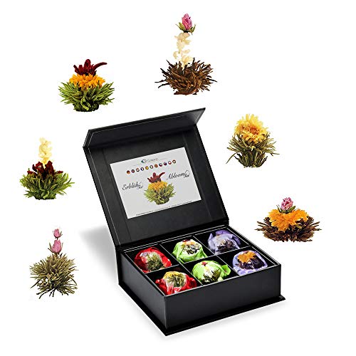 Creano 6 Teeblumen Geschenkbox weißer, schwarzer & grüner Tee in edler Magnetbox mit Silberprägung - 6 verschiedene Sorten - Geschenk zu Weihnachten