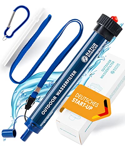 NATURBUMMLER® Wasserfilter Outdoor [Filtert 99,99 % aller Bakterien] für 2000L mit Karabiner & Trinkhalm – Trinkwasserfilter für Survival, Camping & Notfall – Wasseraufbereiter Trinkwasser