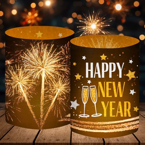12 Windlicht Tischdeko Silvester, Silvester Deko 2026, Happy New Year Deko 2026, Silvesterdeko Party Set, Geeignet für Teelichter oder Kerzen