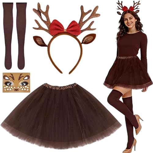 AOMAIGAD Rentier Kostüm Damen, Reh Kostüm Damen mit Rentier Haarreif und Tüllrock Temporäre Tattoos Socken, für Weihnachten Party Karneval Cosplay (B)
