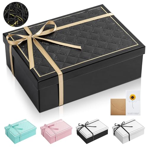 25x18x8.5cm Luxus Geschenkbox mit Deckel Falt Geschenkkartons mit Grußkarten und Schleife, Schmuck Geschenkverpackung Box für Valentinstag Geburtstage Weihnachten (Schwarz, 25x18x8.5cm)