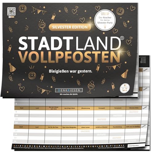 DENKRIESEN Stadt Land VOLLPFOSTEN® - Silvester Edition | Partyspiel ab 9 Jahren für 2+ Spieler | 26 Kategorien | Stadt Land Fluss | Gesellschaftsspiel für den Jahreswechsel | Wortspiel