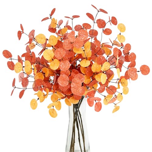 ROLLWAY 6 Stück Künstliche Herbstblumen Künstlich Eukalyptus Deko 60cm, Kunstblumen Herbst Wie Echt Herbststrauß Deko Zweige Herbst Blumen Künstlich Herbstzweige Kunstzweige Eucalyptus Herbstblätter