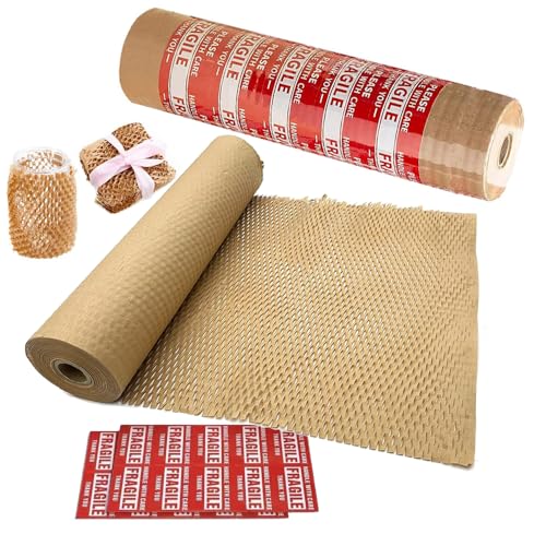 Honigwaben-Verpackungspapier 38cm breit Umweltfreundliches recycelbares & biologisch abbaubares Polstermaterial für Umzug Produkte & Geschenke, inkl. 20 Zerbrechlich-Aufklebern (38cm x 36m)
