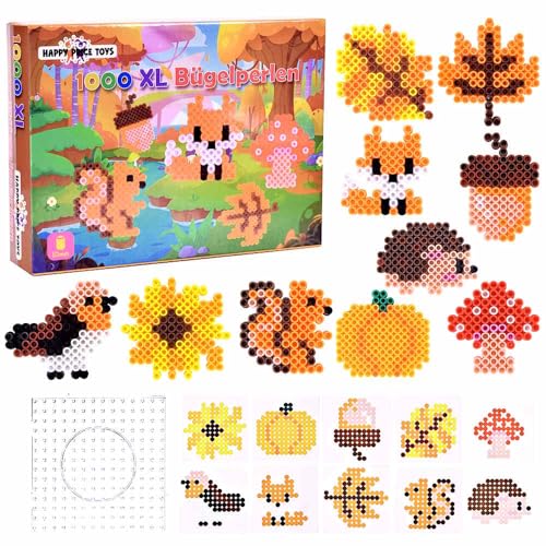1000 Maxi XL 10mm Bügelperlen Set Wald/Herbst, 1 Maxi Stiftplatte, 1000 Bügelperlen, 10 Papiervorlagen, Bügelpapier (Set Herbst)