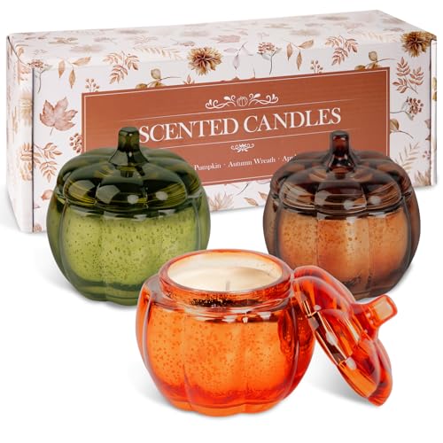 Lanpn Herbst Duftkerzen im Glas Set, 3 St Aromatherapie Kerzen Soja Wachs Duftkerze Geschenk für Party Geburtstag, Orange Kürbis Kerze Zimmer Hause Dekor, Fall Scented Candle, Je 156g, 20 Stunden