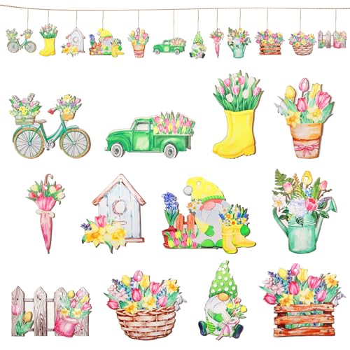 APOMOONS Holz Deko Frühling 12 Stück Frühlingsdeko Deko Frühling zum Aufhängen Hängedeko Holz Anhänger Frühlingsblumen Zwerge, Tulpen für Zweige, Türen, Fenstern, Decken, Gärten, Höfen