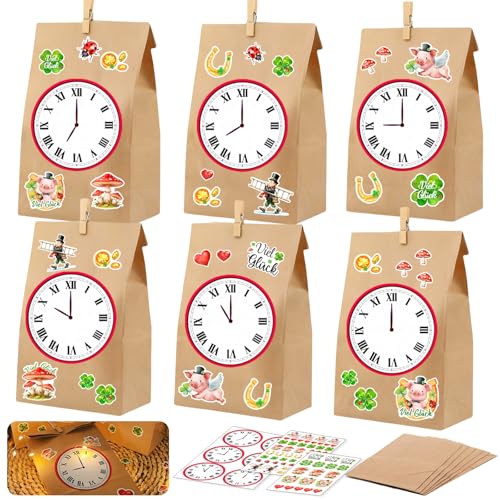 6pcs Silvester Countdown Tüten, mit Lichterketten und Countdown Glücksbringer Aufkleber, Deko & Geschenkidee für Silvester und Neujahr
