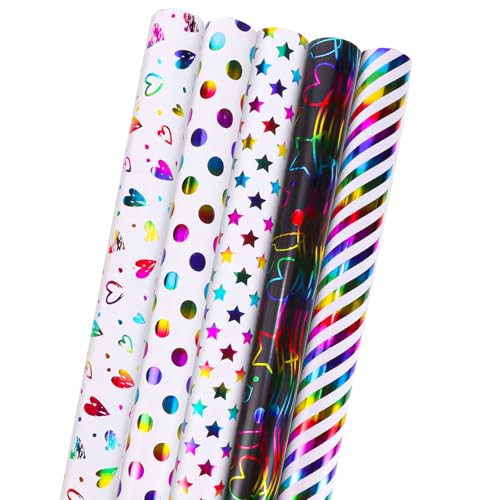 woric 5 Rollen Geschenkpapier Set, 43cm x 3m Geschenkpapier Geburtstag Rolle Geschenkpapier Bunt Geschenkpapierrolle für Kindergeburtstag Ostern Hochzeit Babyparty (Mehrfarbig)