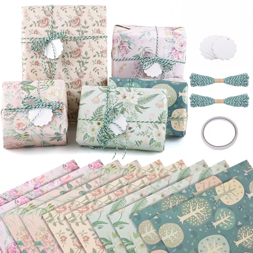 woric Geschenkpapier Set, 10 Bögen Geschenkpapier Frühling Ostern Geschenkpapier Vintage Blumen Geschenk Papier mit Hanfseil & Kraftpapieranhänger für Frauen Männer Mädchen Junge