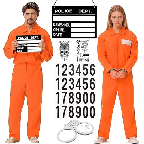 Sträfling Kostüm Herren Damen,Prisoner Overall Kostüm,Gefängnis kostüm Herren,Häftling Outfit herren,Sträfling Kleidung Orange mit Gefangener Overall Handschellen Namensschilder,für Karneval, Fasching
