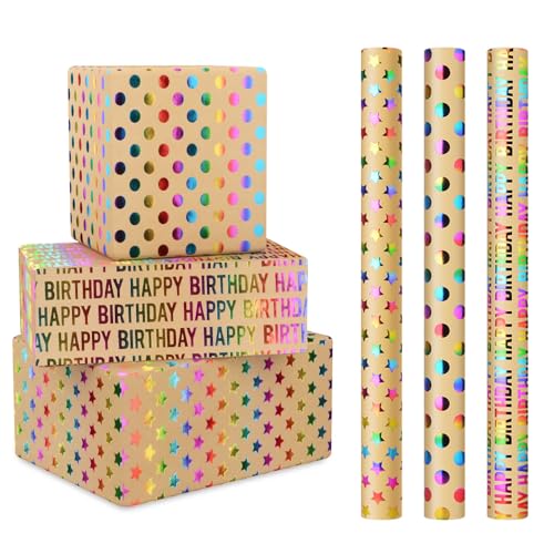 CHEPULA Geschenkpapier Geburtstag 3 Rollen, 43 cm x 300 cm Glitzernde Geschenkpapierrolle Erwachsene Kinder, Braun Kraftpapier Recycelbar Geschenk Papier, Birthday Gift Wrapping Paper für Geburtstag