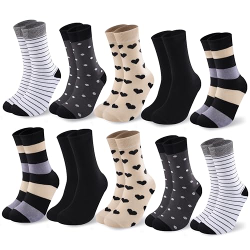 Cirorld Socken Damen 10 Paar，Bunte Baumwollsocken 39-42, Lange Strümpfe, Atmungsaktiv & Bequem, Winter Sportsocken, Streifen Punkte Muster
