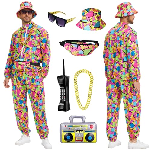 80er Jahre Outfit Herren Set, 90er Retro Trainingsanzug Herren, Streetwear Hip-Hop Karneval Kostüm Jacke Und Hose, Fasnachtskostüme, Cosplay Kleidung (Rot, L)