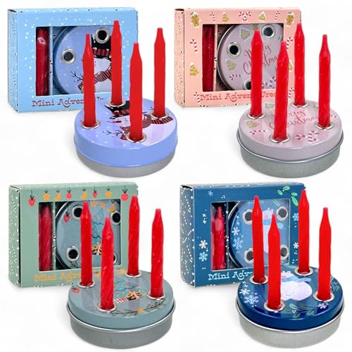 MIJOMA Advent to go: Pocket Adventskranz mit 4 roten Mini-Kerzen, Ideal für unterwegs, Traditionell und kompakt, Perfekt als Mitbringsel oder Geldgeschenkverpackung. (Motiv Mix - 4 Stück)