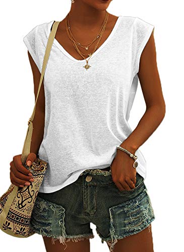 GeGekoko Damen T-Shirt Kurzarm V-Ausschnitt Flügelärmeln Oberteile Blusen Sommer Casual Lose Tank Top Basic Mädchen Tops Weiss M