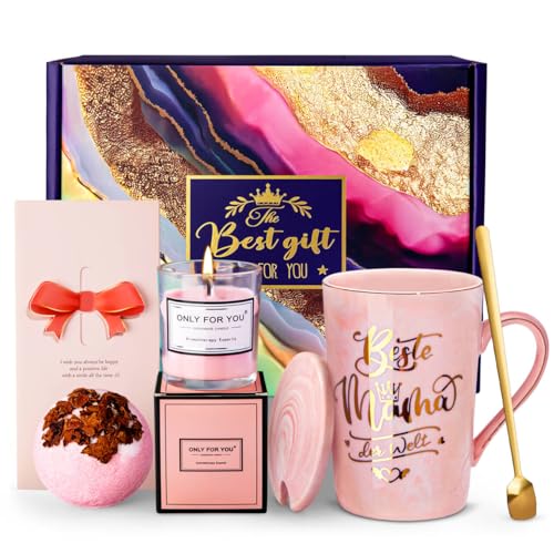Doublewhale Mama Geschenk, Mutter Becher Geschenke für Mama zum Geburtstag, 14 Oz Rosa Marmor Kaffeetasse mit Duftkerze, Rose Badebomben, Grußkarte, Schöne Geschenkbox, Elegante Mutter Geschenk Set
