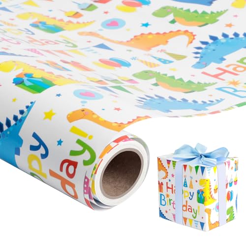 Romon 1 Rollen Dinosaurier Geschenkpapier Rollen,43cm*300cm Geburtstag, Tierbaby Packpapier für Mädchen Jungen Frauen Männer - Kinder aus Nachhaltigem Papier