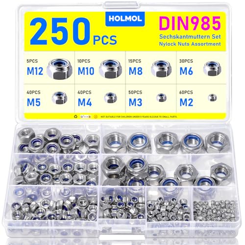 250 Stück Sechskantmutter, HOLMOL DIN 985 Selbstsichernde Muttern Edelstahl mit Box, Sicherungsmuttern für Schrauben, Selbstsichernde Muttern Set, A2 V2A Edelstahlmutter mit Metrischem Regelgewinde