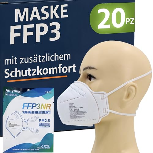 20 FFP3 Mund- und Nasenschutz Maske mit EC Zertifizierung, 5 Lagige Maske ohne Ventil, Staub- und Partikelschutzmaske, medizinische Schutzmaske mit hoher BFE-Filtereffizienz ≥ 99, 20 Atemschutzmaske