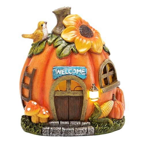 TERESA'S COLLECTIONS Gartendeko für Draußen, Wetterfeste Herbstdeko Kürbishaus mit Solarleuchte aus Kunstharz,Herbst Deko Outdoor,Halloween Deko,Solar Herbst Deko, Neujahrsgeschenk 19cm