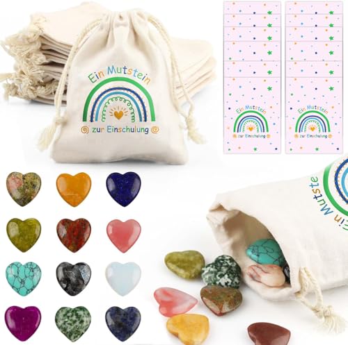 Szhhrxi 12er Glückssteine Set mit Jutesäckchen - Mutstein, Edelsteine & Kärtchen - Vielseitiges Mitgebsel für Kindergeburtstag, Taufe, Weihnachten, Wichteln - Glücksbringer & Mutmacher für Kinder
