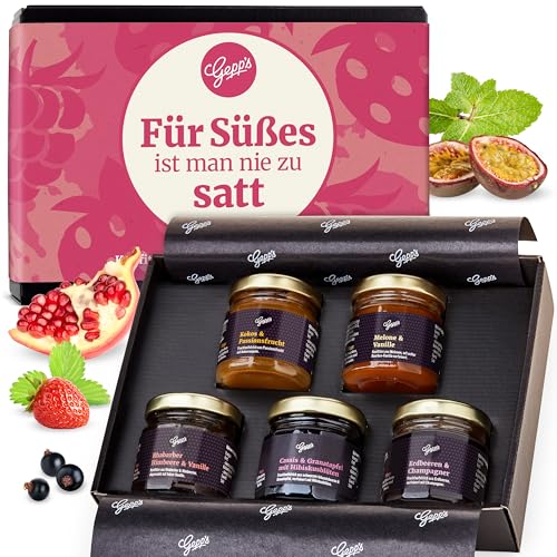 Gepp's Feinkost Frühstück Marmeladen Set I Mini Konfitüren in verschiedenen Geschmacksrichtungen I Geschenk mit Spezialitäten wie Mango Ingwer Erdbeer & Champagner Fruchtaufstrich zum Muttertag