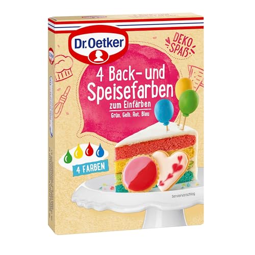 Dr. Oetker 4 Back- und Speisefarben, 4 x 80 g, Lebensmittelfarben (rot, blau, gelb & grün), zum Dekorieren und Verzieren von diversem Gebäck & Desserts, wiederverwendbar