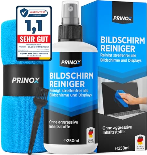 PRINOX Bildschirmreiniger Set 250ml mit Mikrofasertuch und Pinsel - Display Reiniger für Handy, Laptop und TV Displays (LCD, LED, OLED, QLED, TFT) gegen Fettflecken und Fingerabdrücke