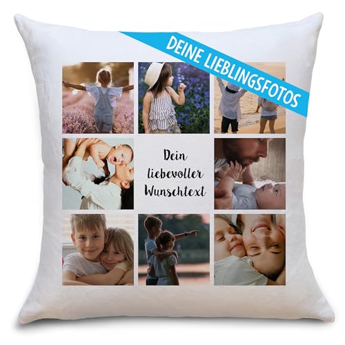 OWLBOOK® Personalisiertes Kissen mit Foto Bedrucken Lassen - Fotokissen mit 8 Fotos & Text selbst gestalten - Foto Kissen 40 x 40 cm weiß, optional mit Füllung
