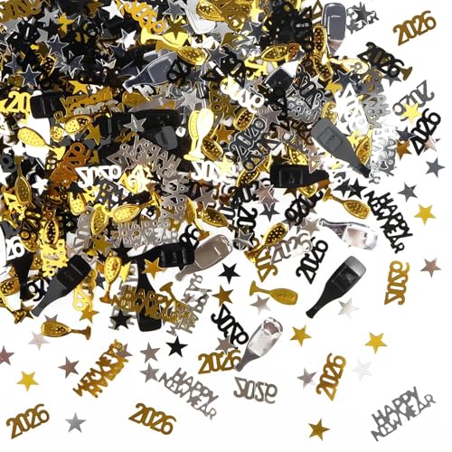 Konfetti Tischdeko Happy New Year 2026 Deko, 1000 Stück Konfetti Gold Schwarz Happy New Year Tischdeko Streudeko Silvester Deko für Neujahr Partygeschenke Dekorationen