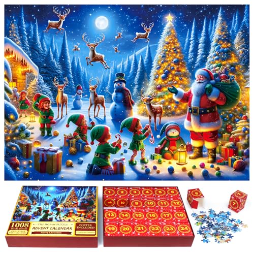 OAIDSONL Adventskalender Weihnachtspuzzle 2024, Adventskalender Jigsaw Puzzle 24 Boxen 1008 Teile Weihnachten Geschenke, Puzzles für Countdown bis Weihnachten Weihnachtsdekoration 70 x 50 cm